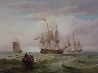 Tres barcos de la Compañía de las Indias Orientales en el canal de Bristol